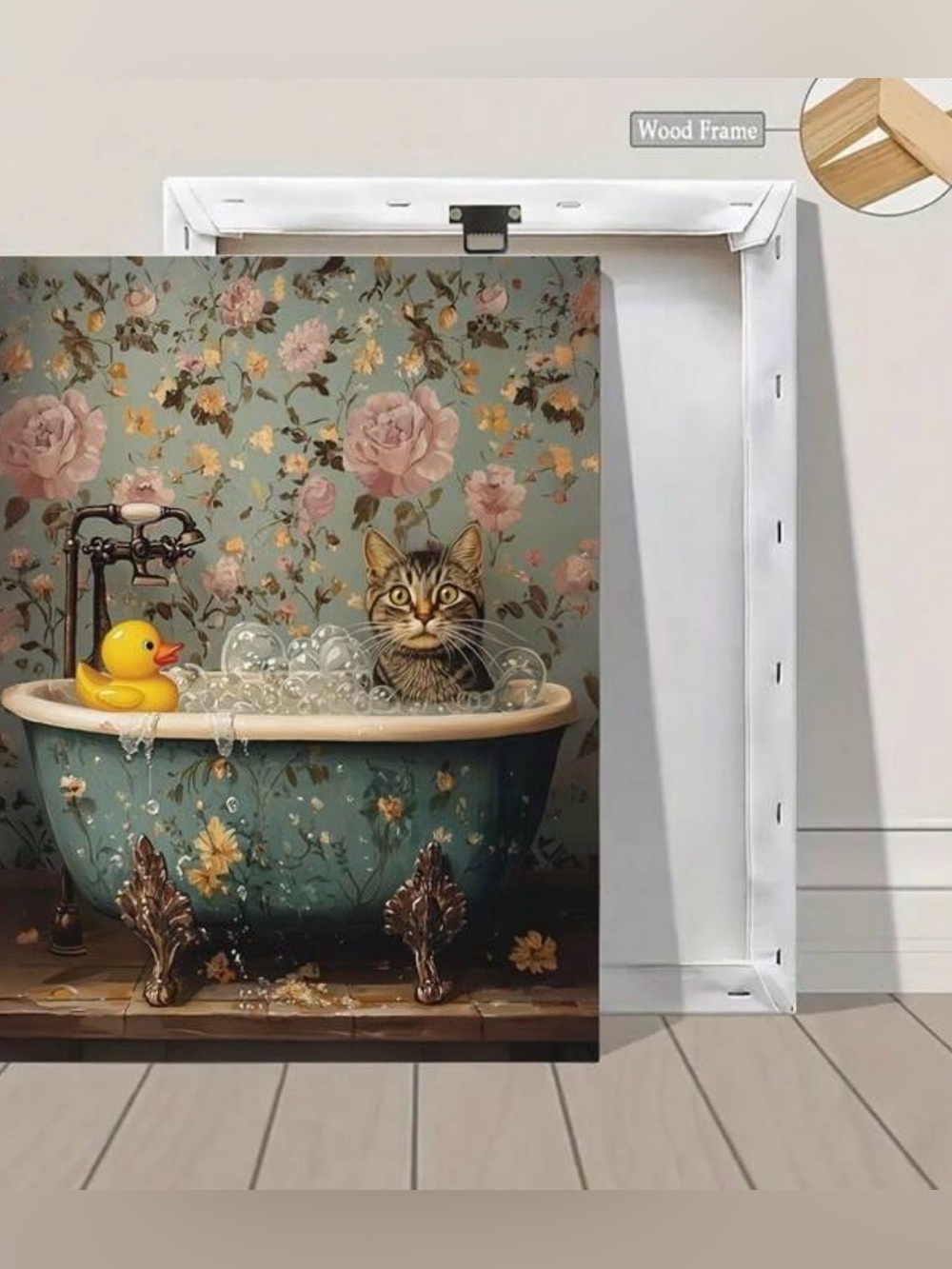‘Cat in a Clawfoot Tub’ - Canvas Art - Retro Blue approx 12x16